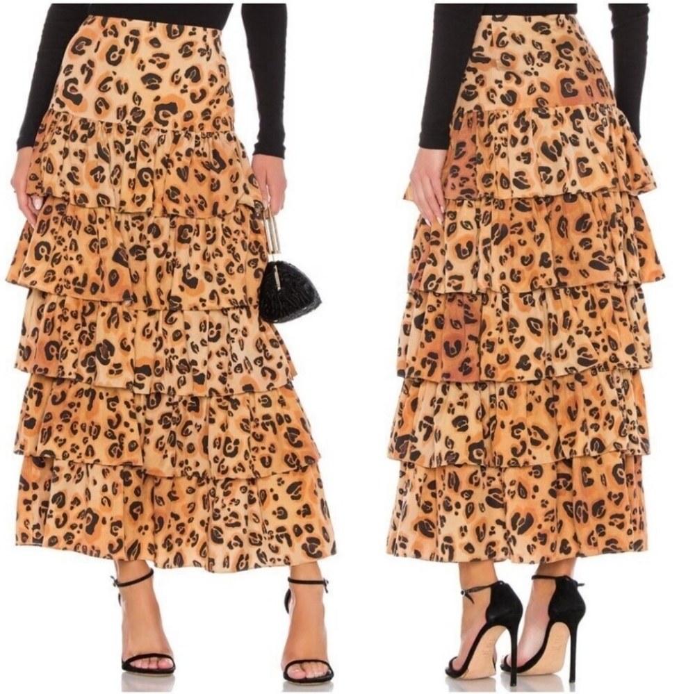 Mara Hoffman Marzia Tiered Maxi Skirt Size 2 Animal Print Ruffle Party Luxury